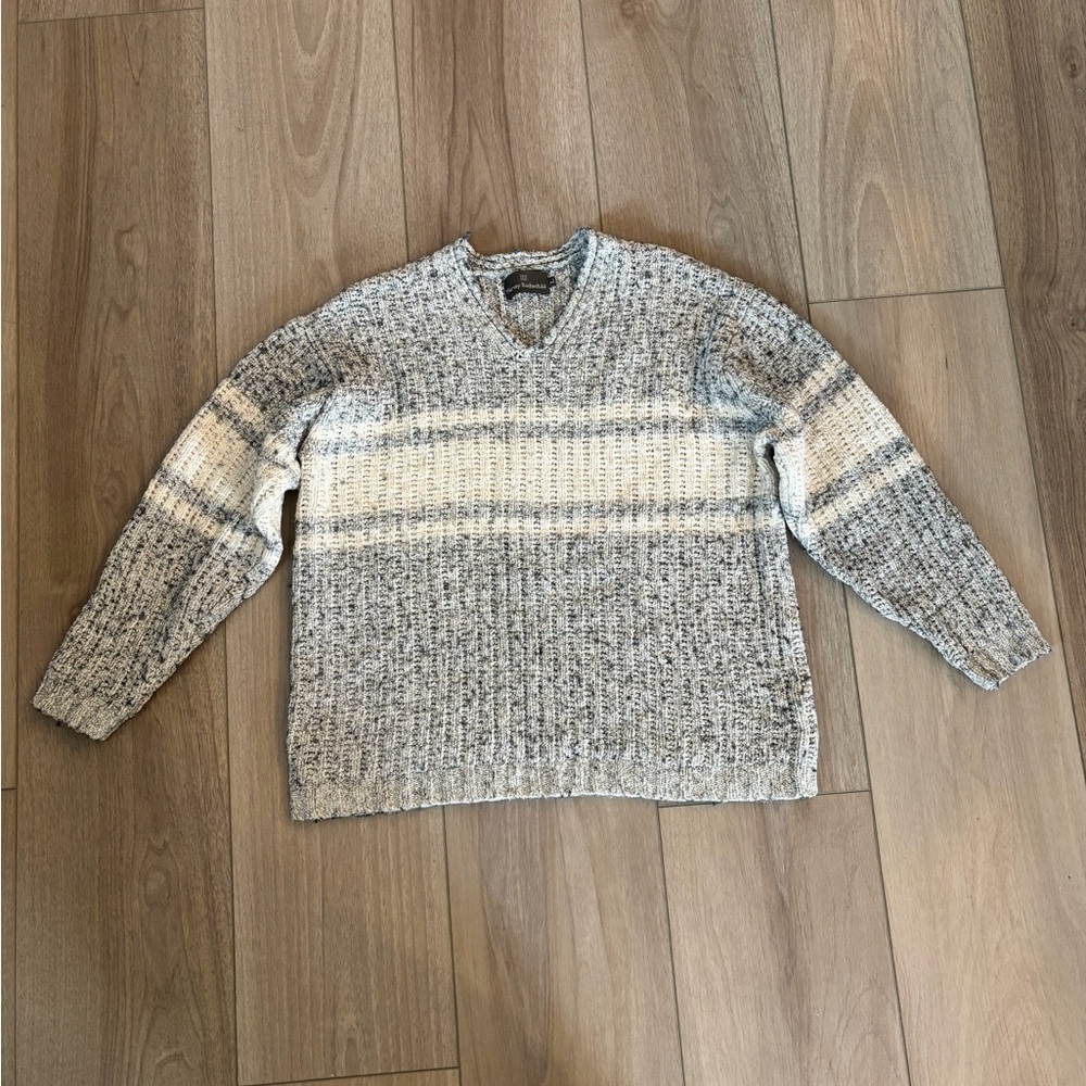 Harvey Rothschild Cable Knit V Neck Cotton Silk Wool Sweater Mens L Grey White